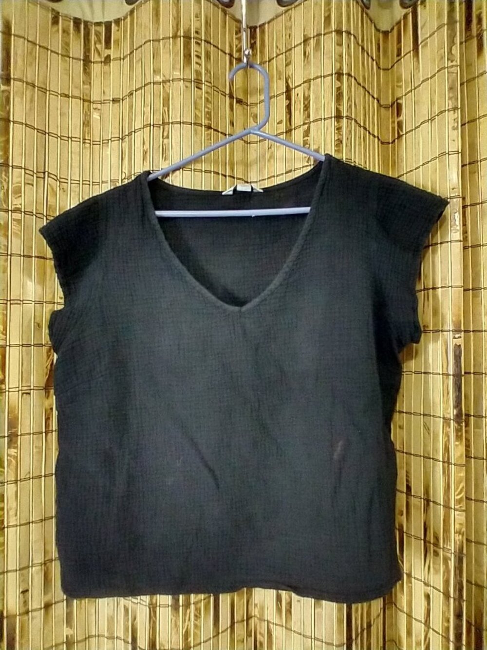 Black Double Gauze V-Neck Short Sleeve Casual Top Size L Flawed